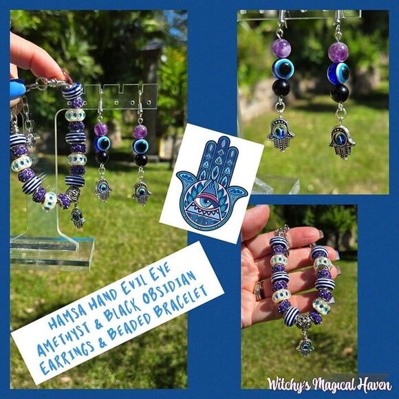 Hamsa Hand Evil Eye Gemstone Charm Earrings & Bracelet Set - Picture 1 of 10